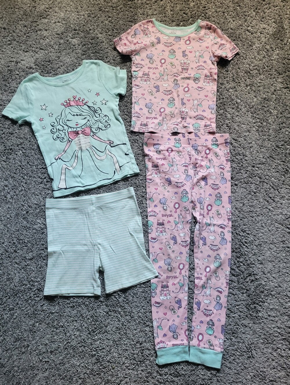 Girls Pink & Mint Princess Pajama Set - Soft Cotton Pants & Shorts Size 6 Bundle